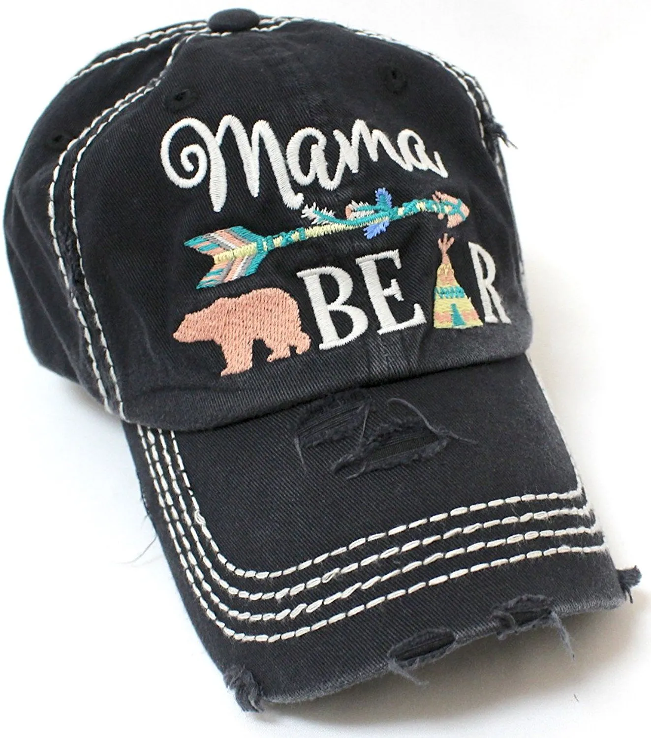 CAPS 'N VINTAGE Mama Bear Indian Teepee Themed Distressed Cap